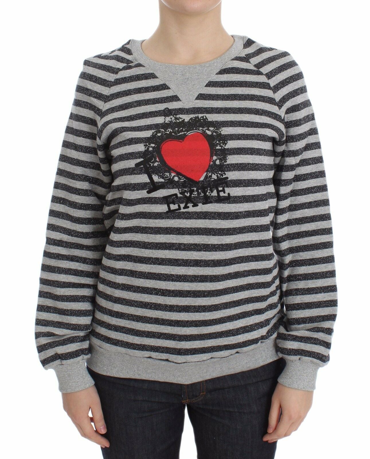 Exte Chic Gray Striped Crew-Neck Sweater