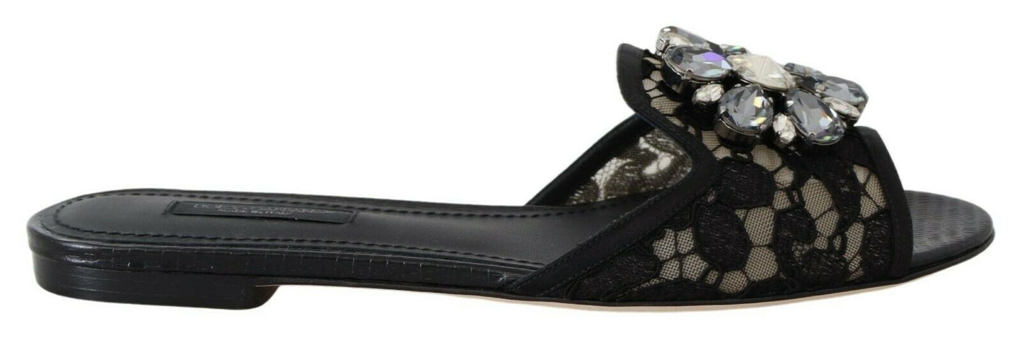 Dolce & Gabbana Elegant Black Lace Mules with Jewel Flower Detail