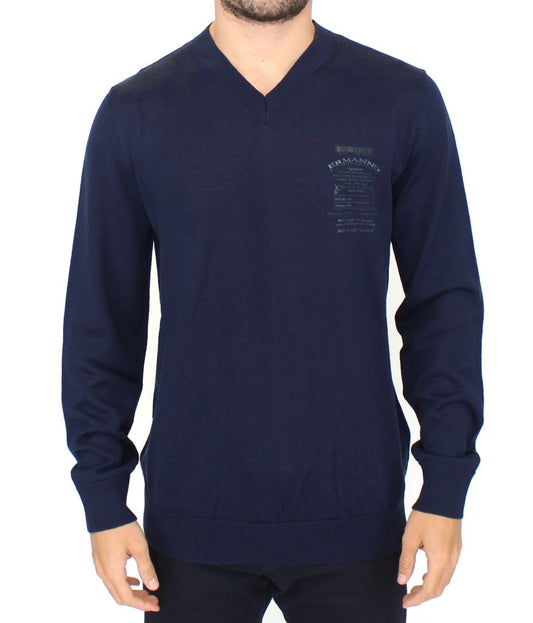 Ermanno Scervino Elegant Blue V-Neck Wool Blend Pullover