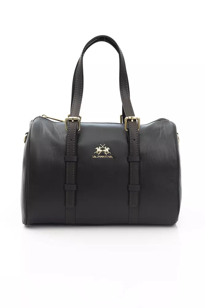 La Martina Black Leather Men Messenger Bag