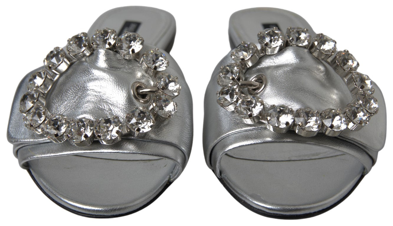 Dolce & Gabbana Crystal-Embellished Silver Leather Slides