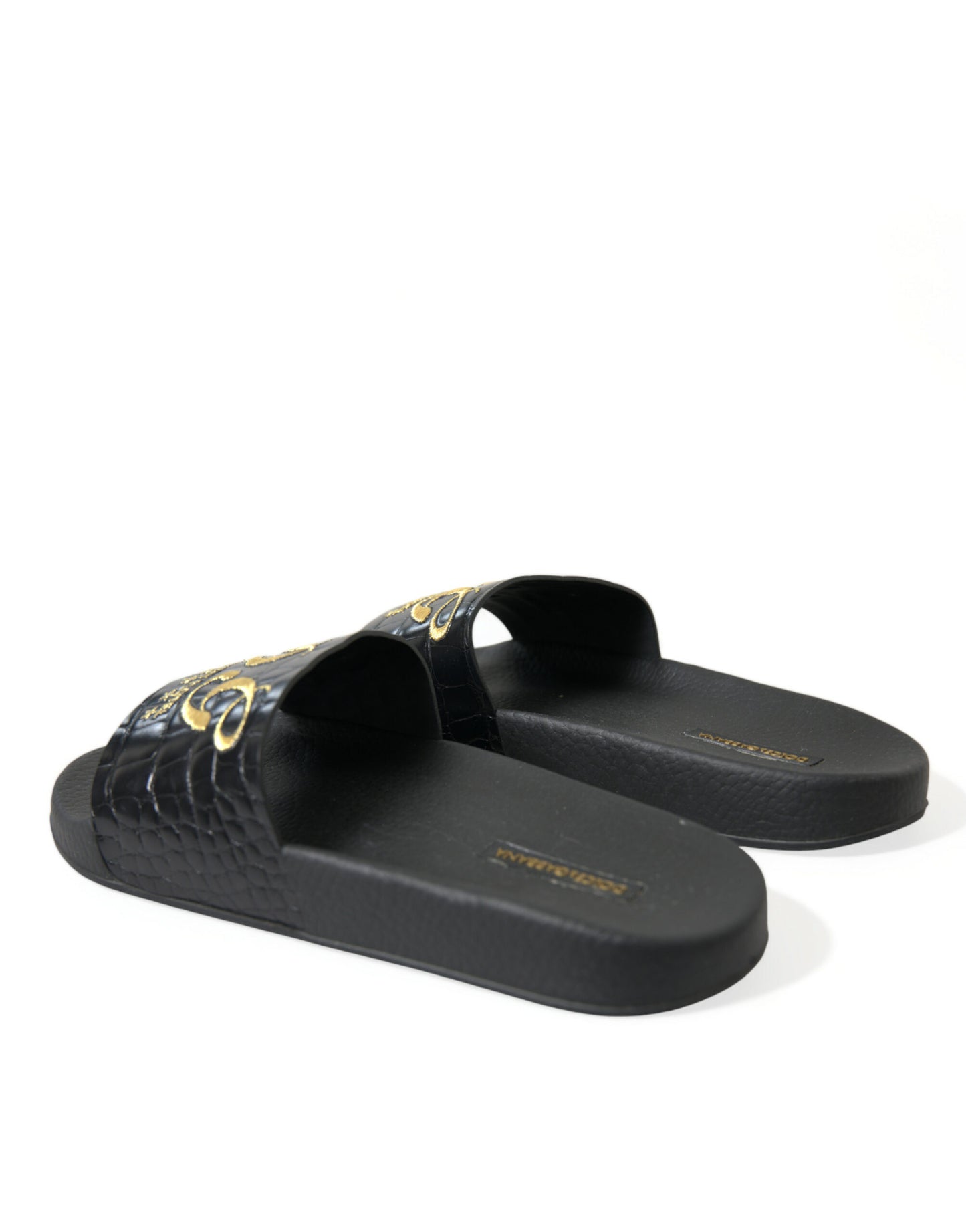 Dolce & Gabbana Elegant Black and Gold Leather Slides