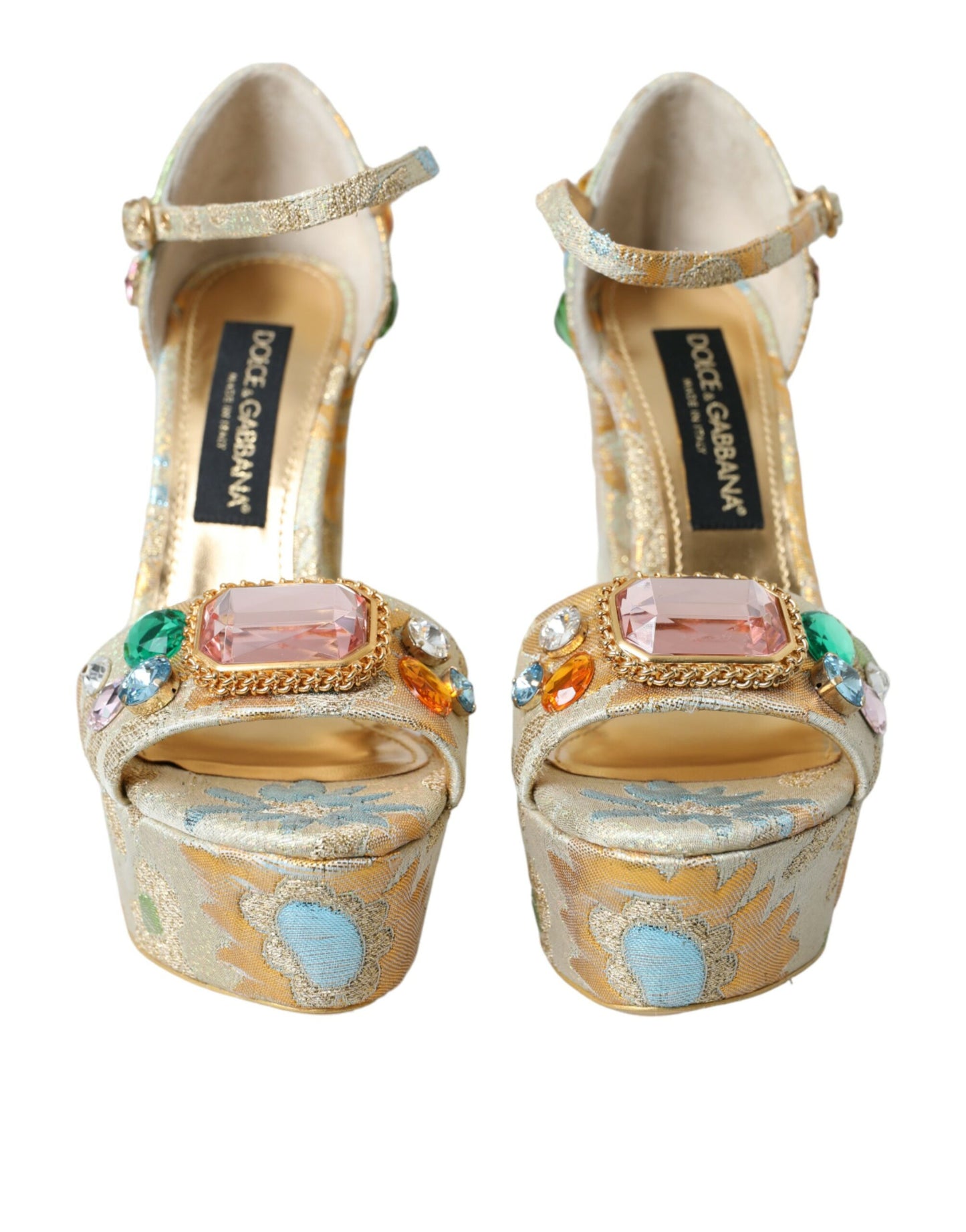 Dolce & Gabbana Gold Floral Jacquard Crystal Sandals Shoes