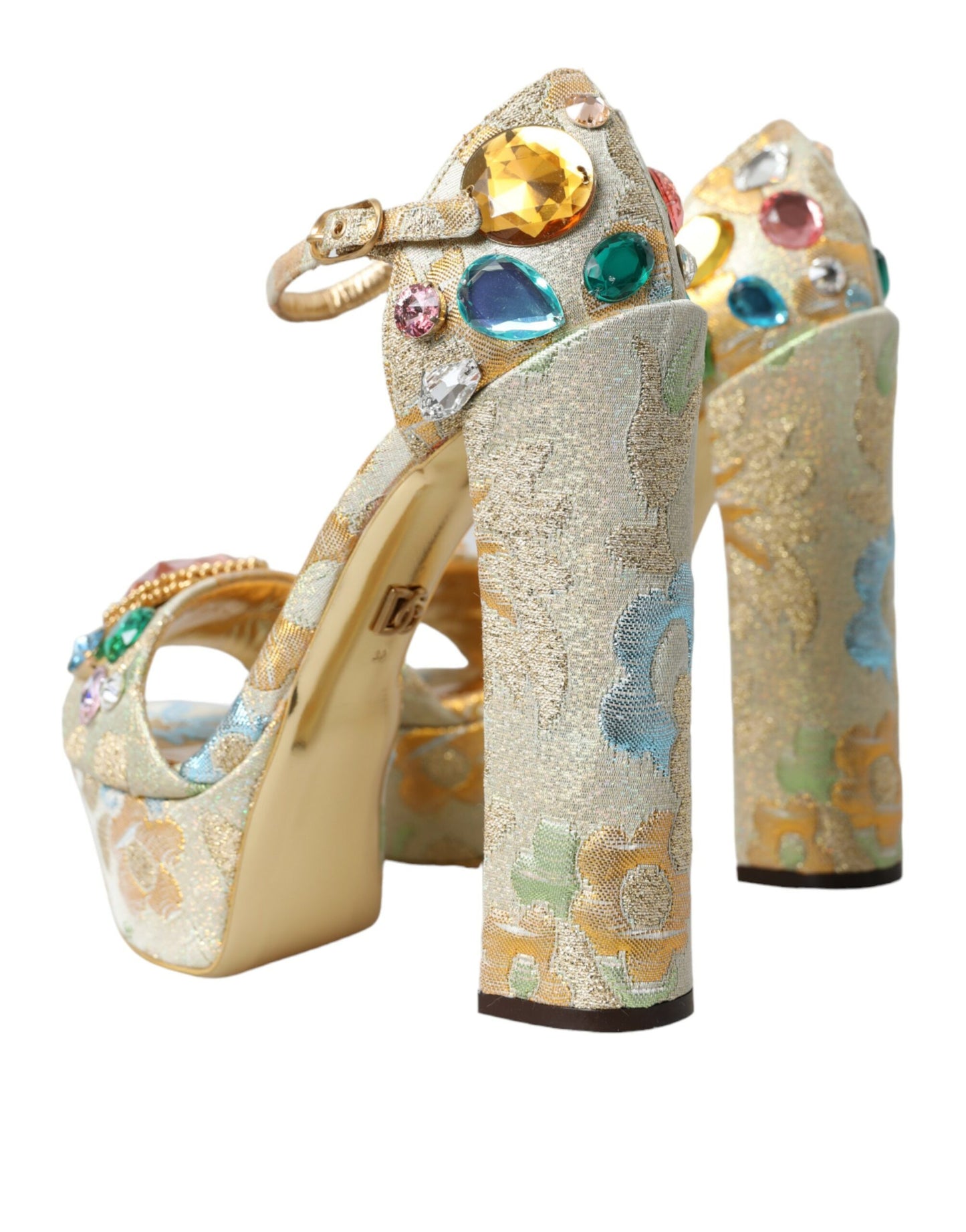 Dolce & Gabbana Gold Floral Jacquard Crystal Sandals Shoes