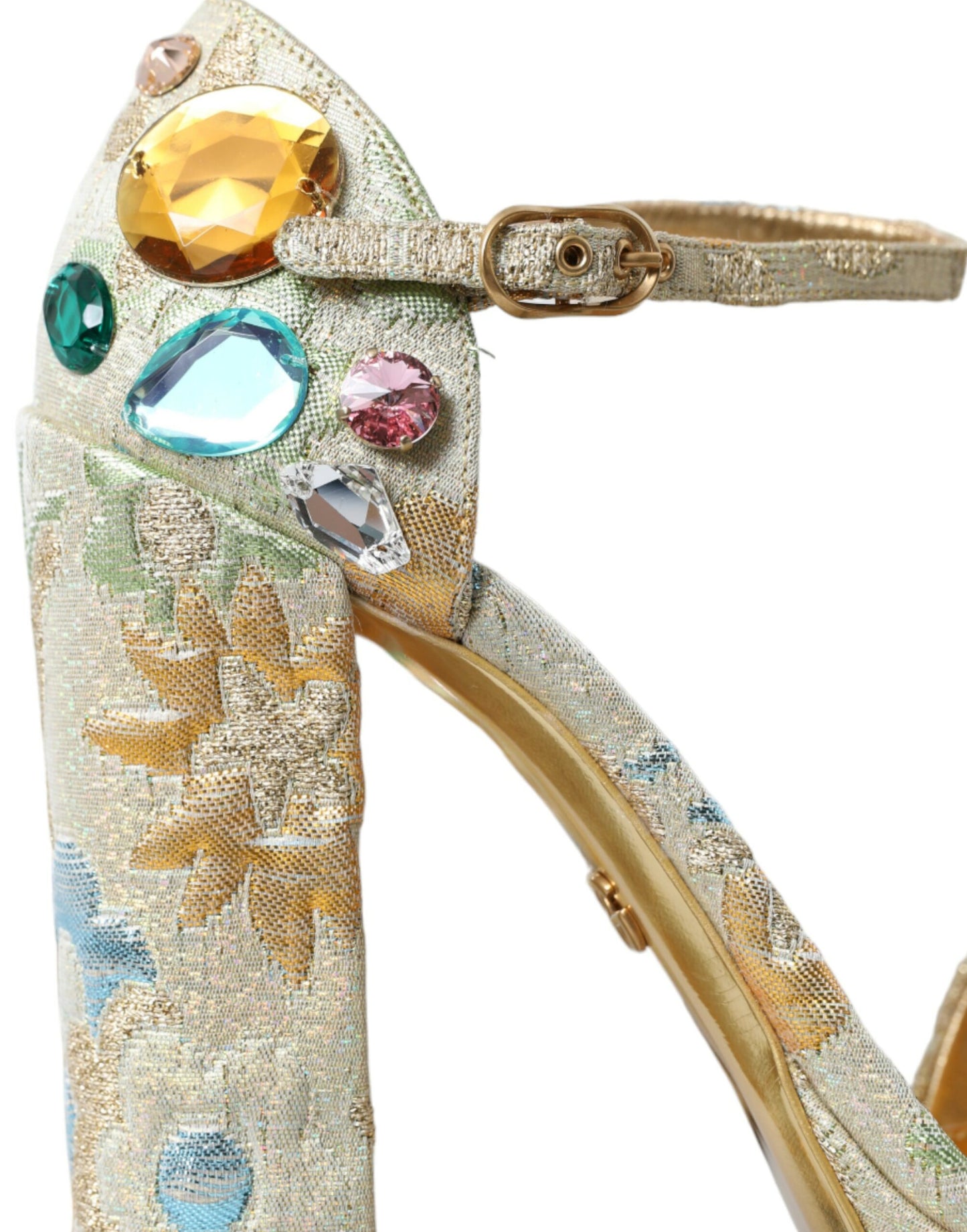 Dolce & Gabbana Gold Floral Jacquard Crystal Sandals Shoes