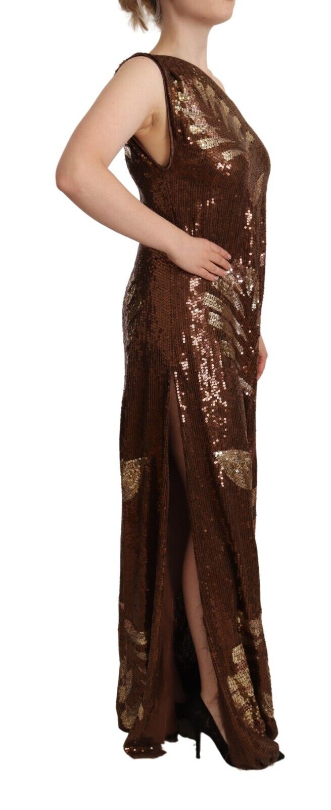 Dsquared² Brown Leaf Sequined Shift One Shoulder Long Dress