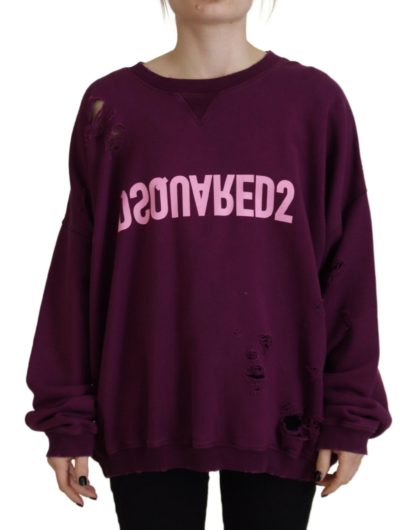 Dsquared² Purple Cotton Distressed Printed Long Sleeve Sweater