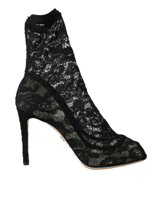 Dolce & Gabbana Black Stretch Taormina Lace Boots Shoes