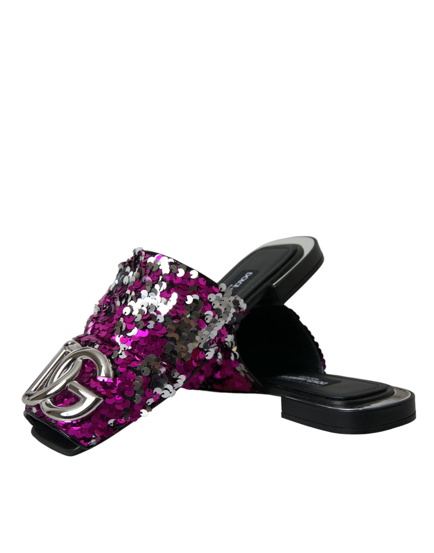 Dolce & Gabbana Fuchsia Sequin Logo Slides Sandals Shoes