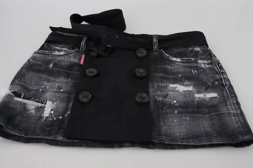 Dsquared² Black Distressed Mid Waist A-line Denim Mini Skirt