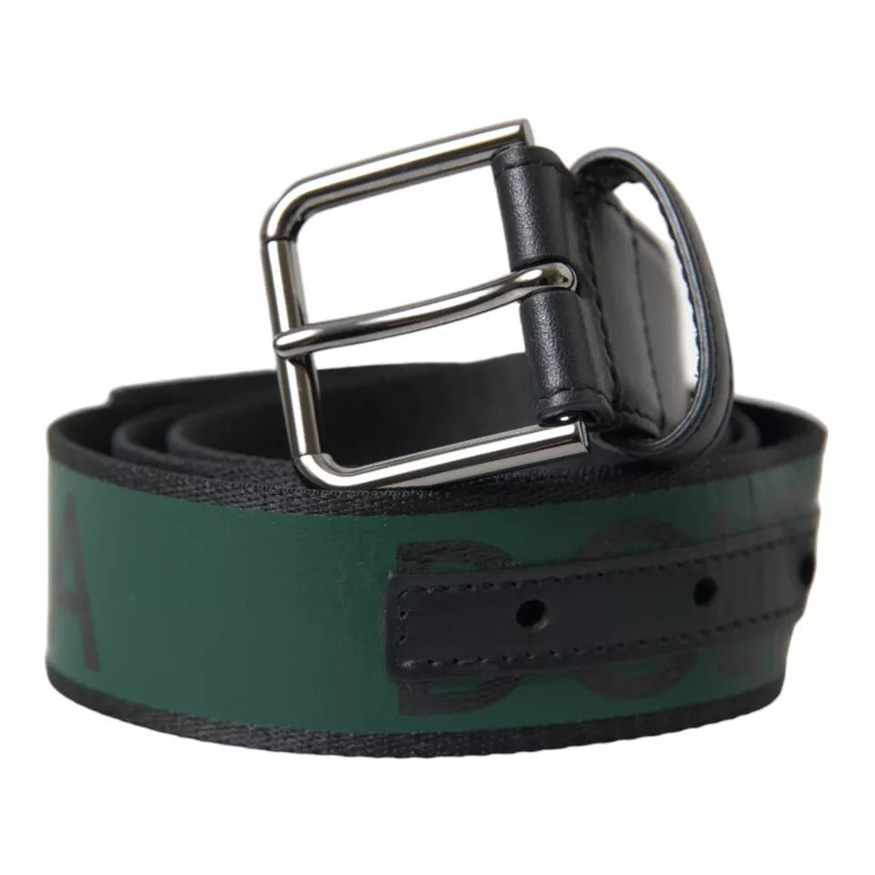 Dolce & Gabbana Black Green Leather Silver Metal Buckle Belt