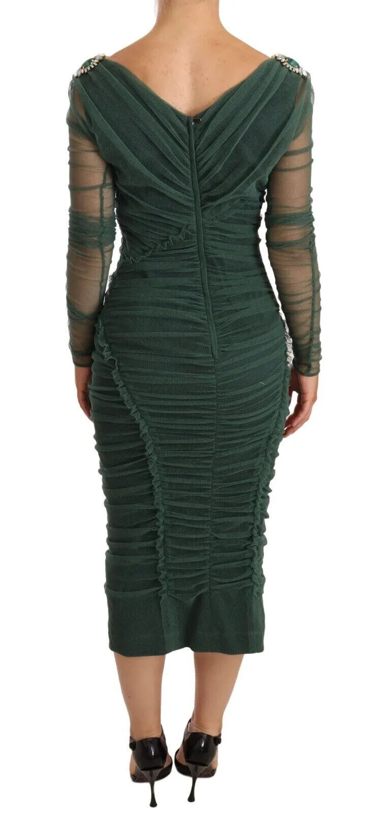 Dolce & Gabbana Green Mesh Crystal Ruched Tulle Midi Dress