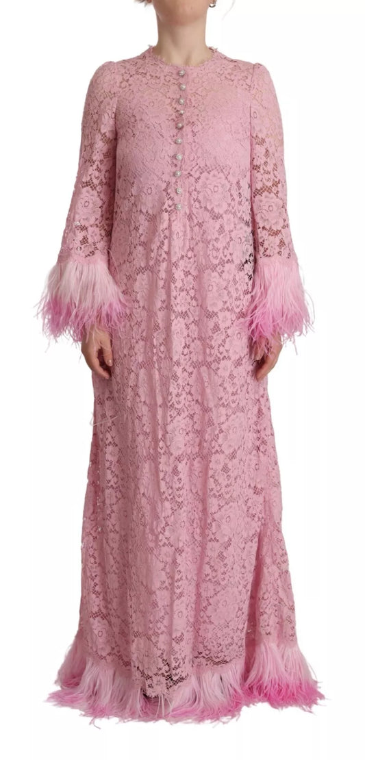 Dolce & Gabbana Shift Lilac Lace Feathers Long Sleeves Dress