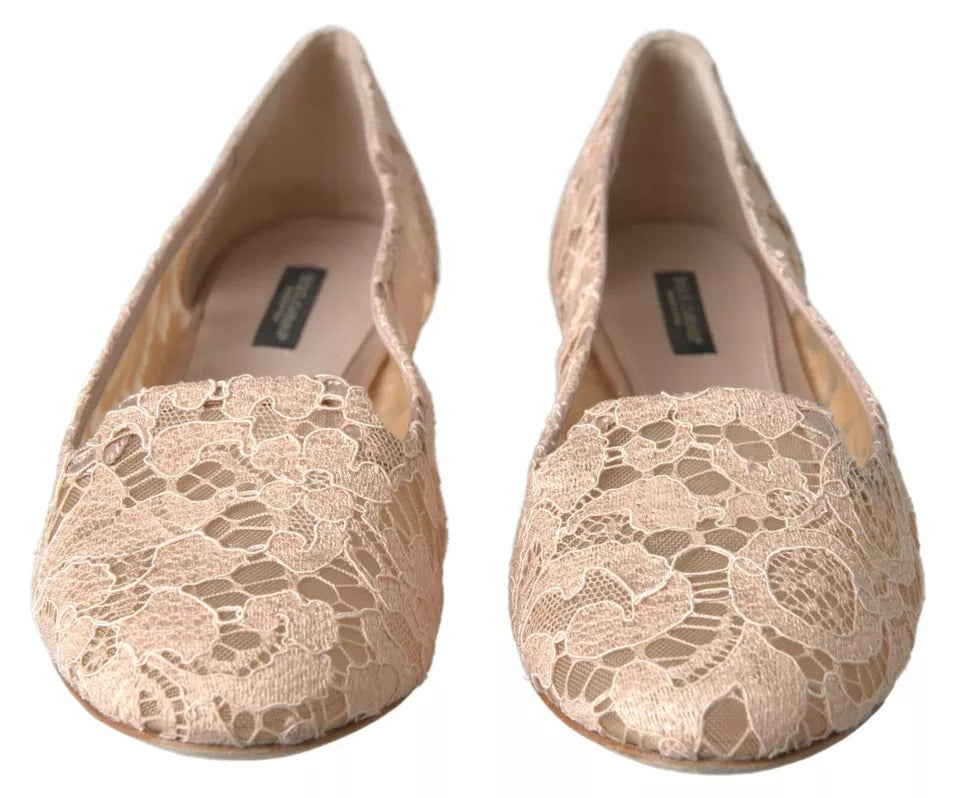 Dolce & Gabbana Beige Floral Lace Loafers Flats Shoes