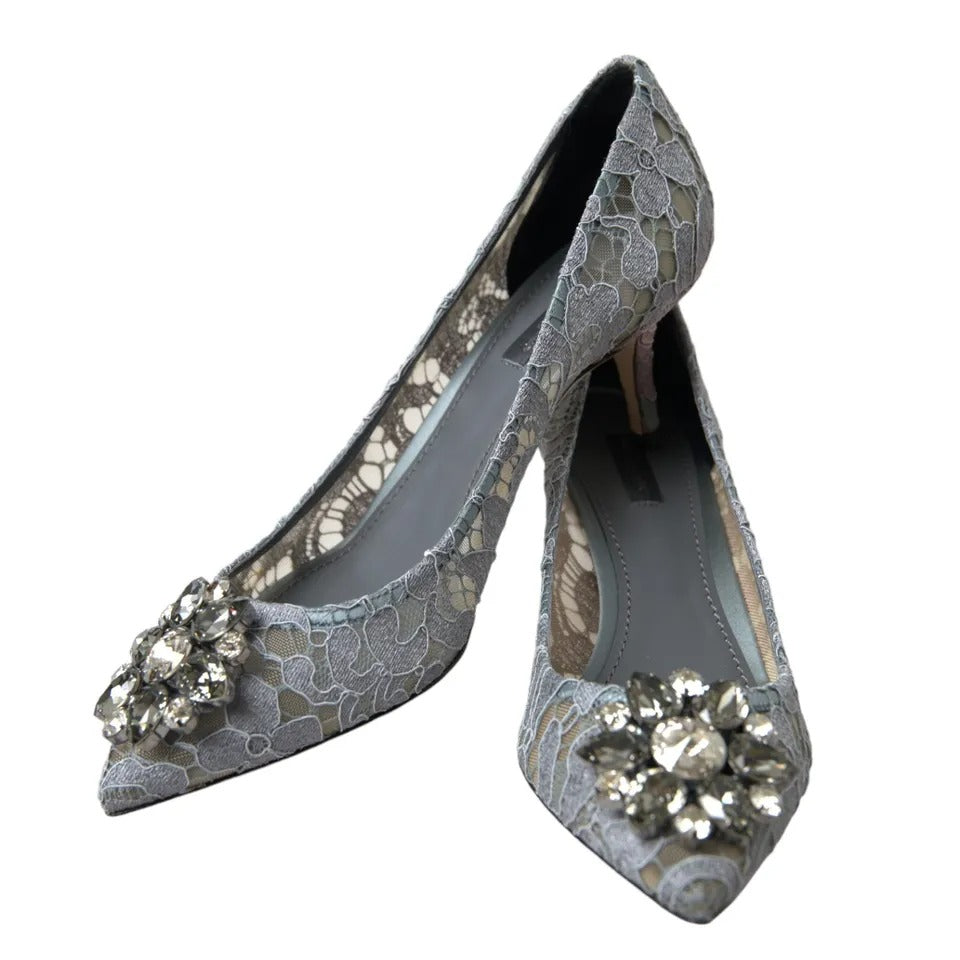 Dolce & Gabbana Gray Taormina Lace Crystal Heels Pumps Shoes