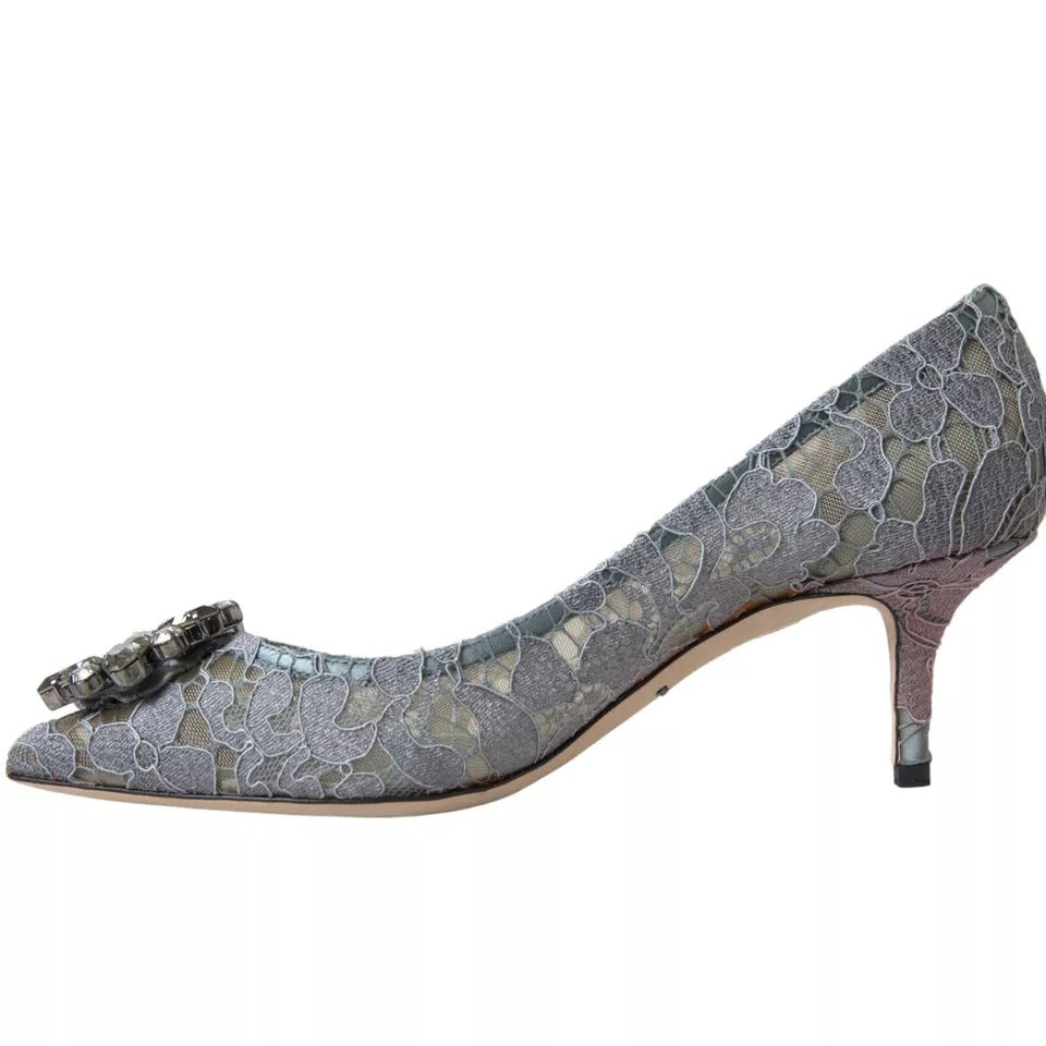 Dolce & Gabbana Gray Taormina Lace Crystal Heels Pumps Shoes