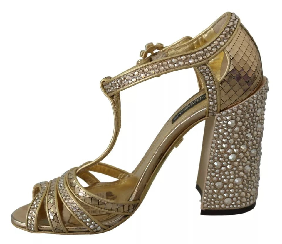 Dolce & Gabbana Gold Crystals T-strap Sandals Leather Shoes