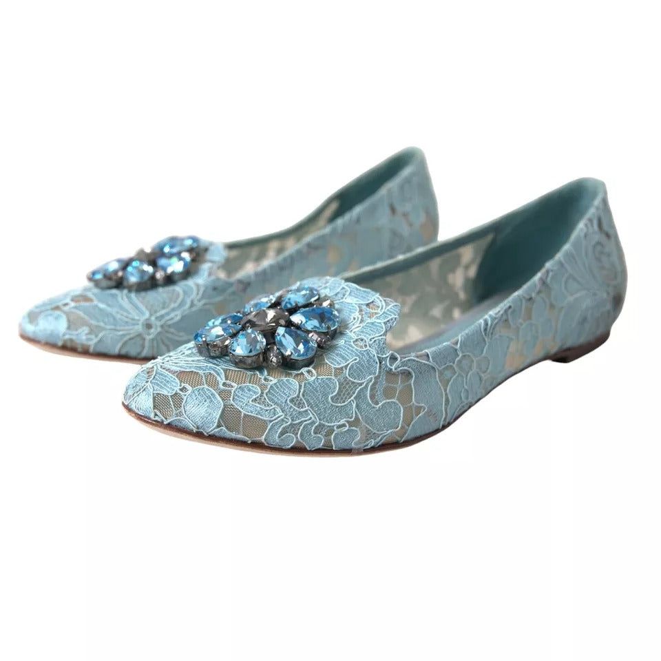 Dolce & Gabbana Blue Lace Crystal Ballet Loafers Shoes