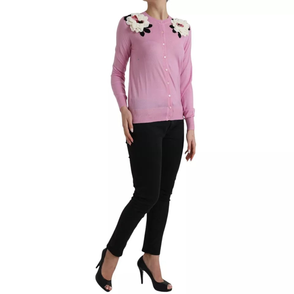 Dolce & Gabbana Pink Floral Crew Neck Button Cardigan Sweater