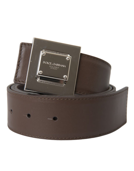 Dolce & Gabbana Brown Calf Leather Square Metal Buckle Belt