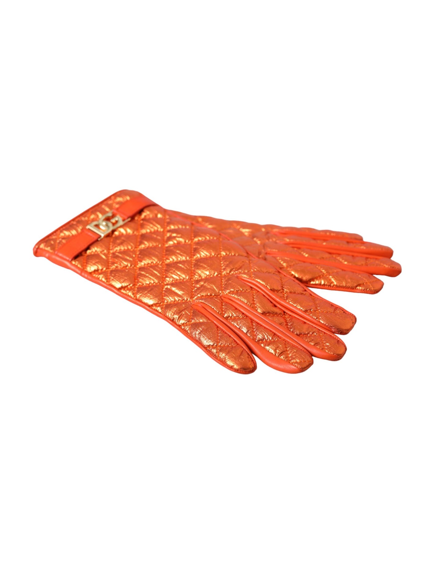 Dolce & Gabbana Orange Leather Quilted Wrist Length Gloves