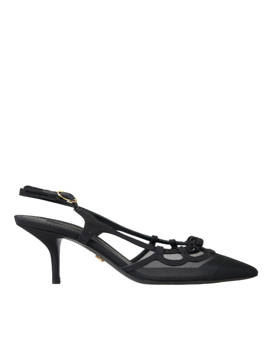 Dolce & Gabbana Black Leather Mesh High Heels Slingback Shoes