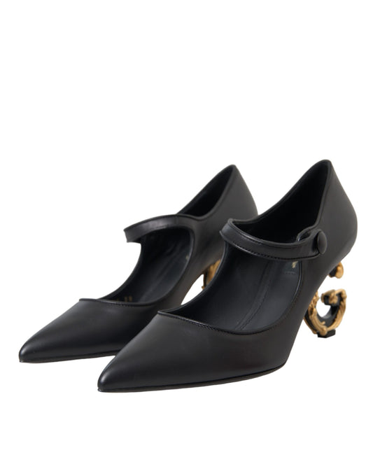 Dolce & Gabbana Black Leather Logo Heels Mary Janes Pumps Shoes