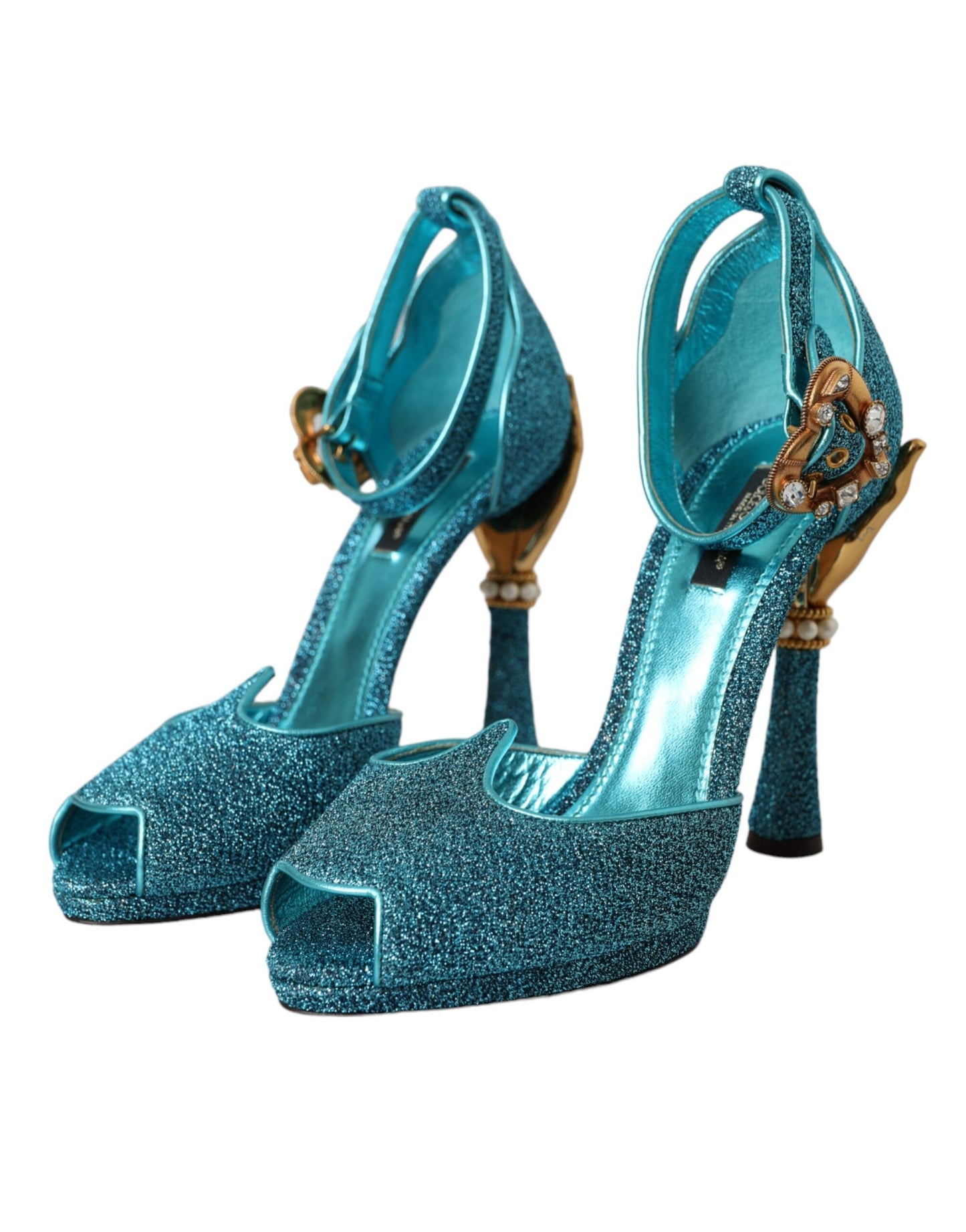 Dolce & Gabbana Blue Lurex Bejeweled Hand Heels Sandals Shoes