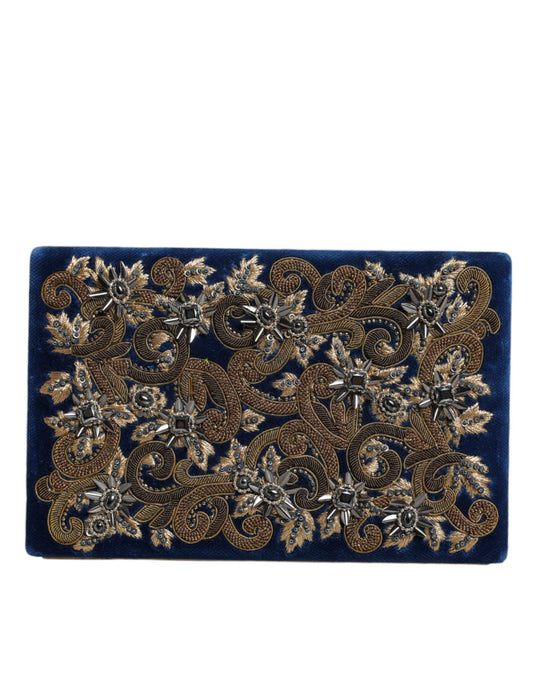 Dolce & Gabbana Blue Velvet Gold Frame Clutch Evening Party Purse Bag