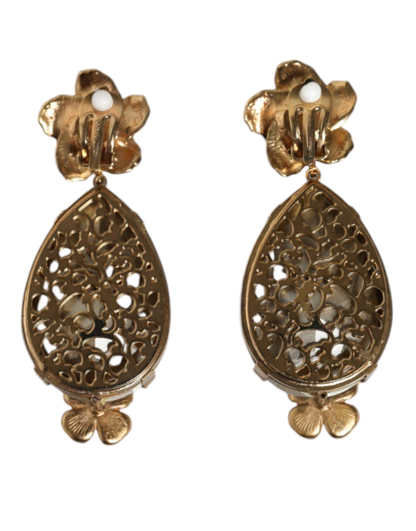 Dolce & Gabbana Gold Tone Brass Crystals Floral Clip On Earrings