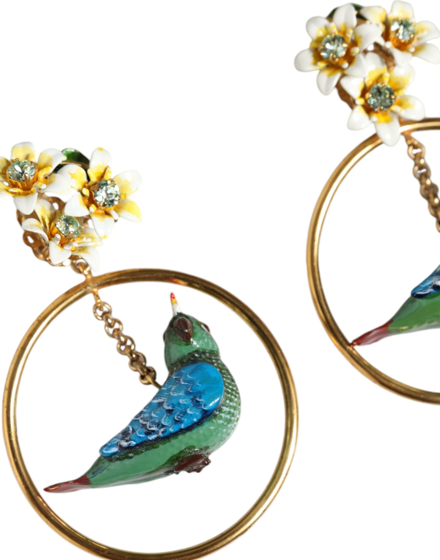 Dolce & Gabbana Gold Tone Brass Crystal Bird-in-Hoop Statement Earrings