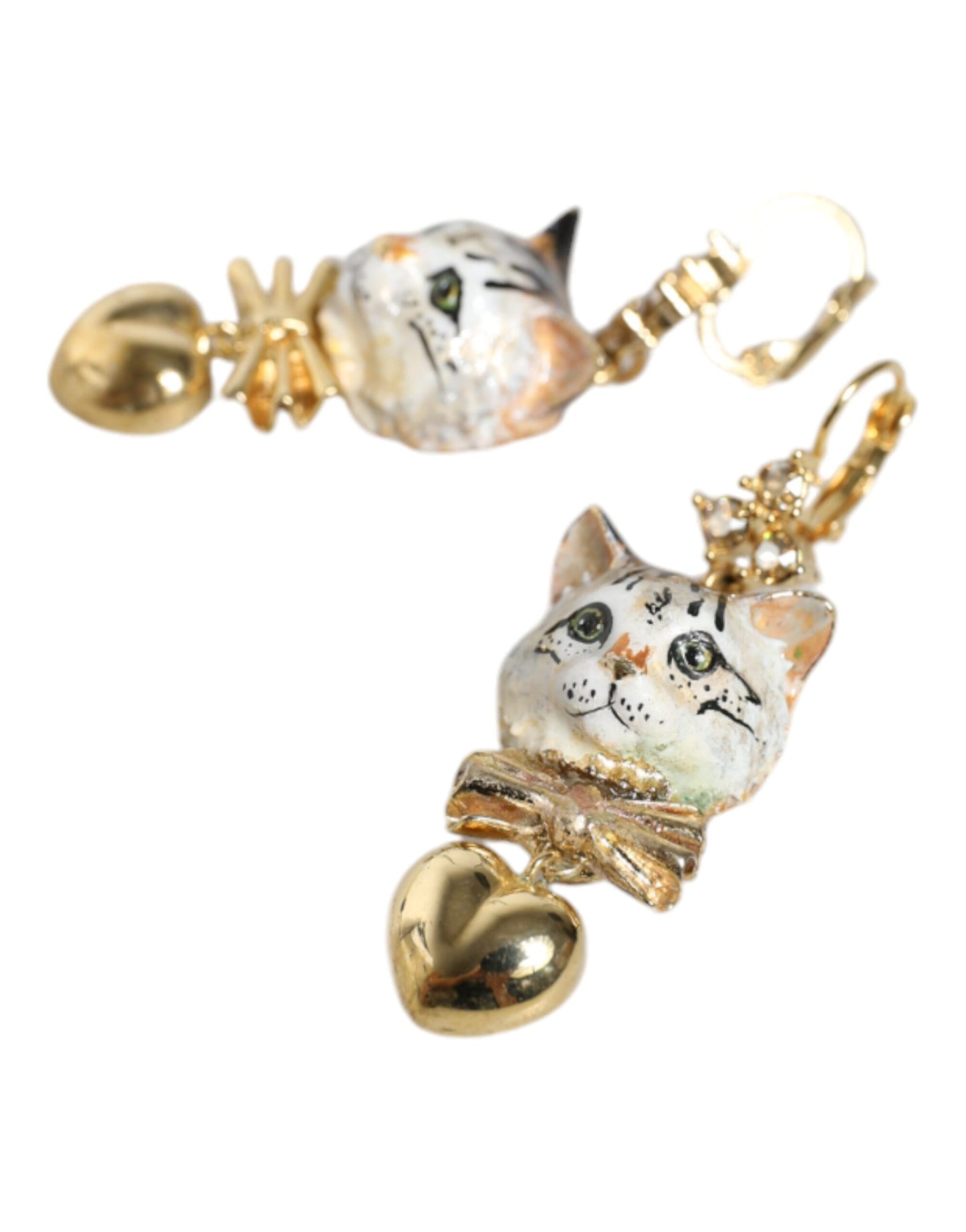 Dolce & Gabbana Gold Brass Heart Cat Crystal Pendant Clip Drop Earrings