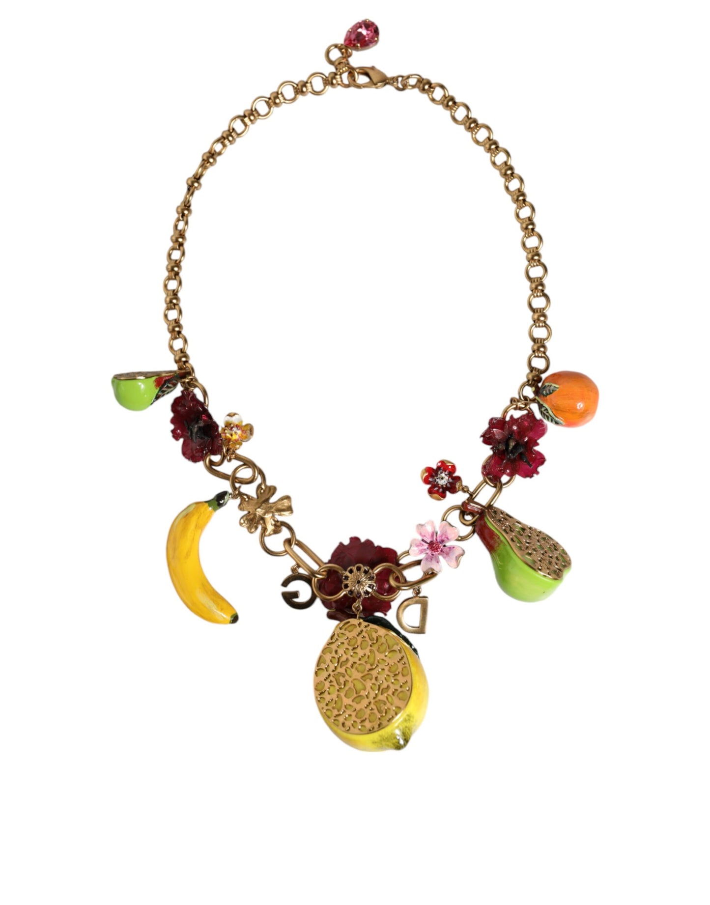 Dolce & Gabbana Gold Brass FRUIT Pendants Flowers Crystal Logo Necklace