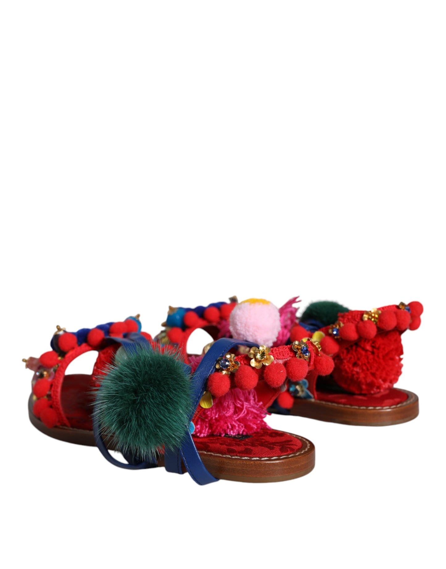 Dolce & Gabbana Multicolor Pom Pom Fur Wrap Sandals Shoes