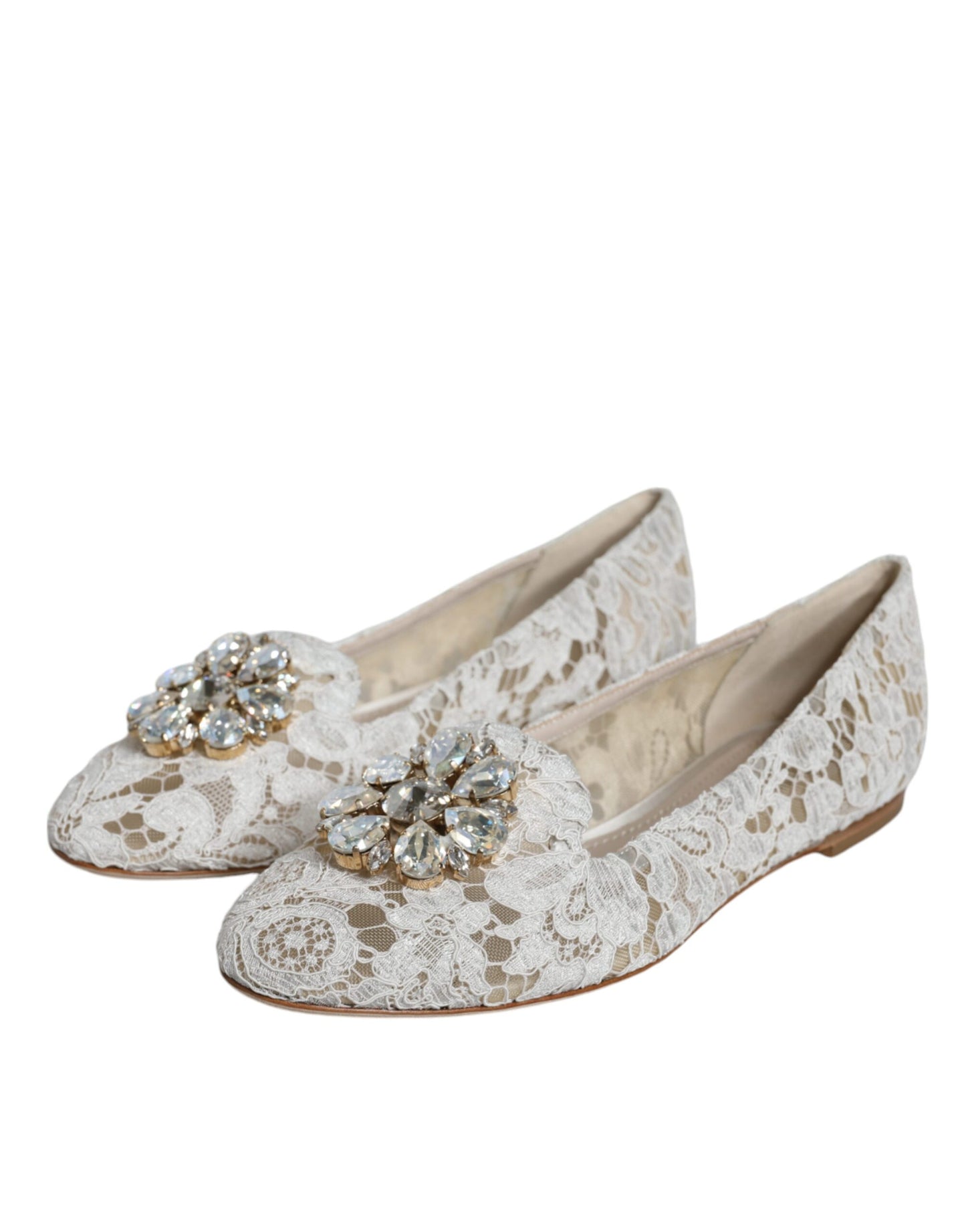 Dolce & Gabbana White Lace Crystal Ballet Flats Loafers Shoes