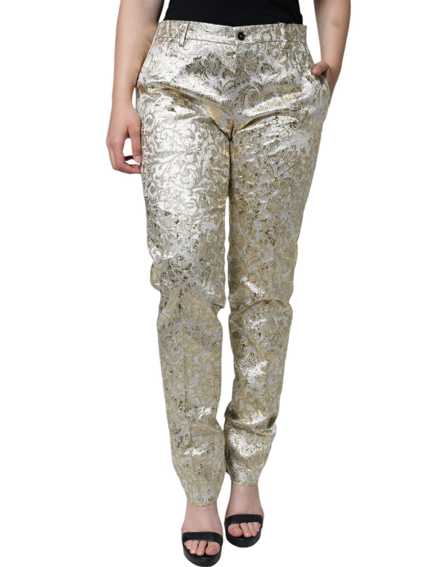 Dolce & Gabbana Gold Cotton Floral Jacquard Tapered Pants