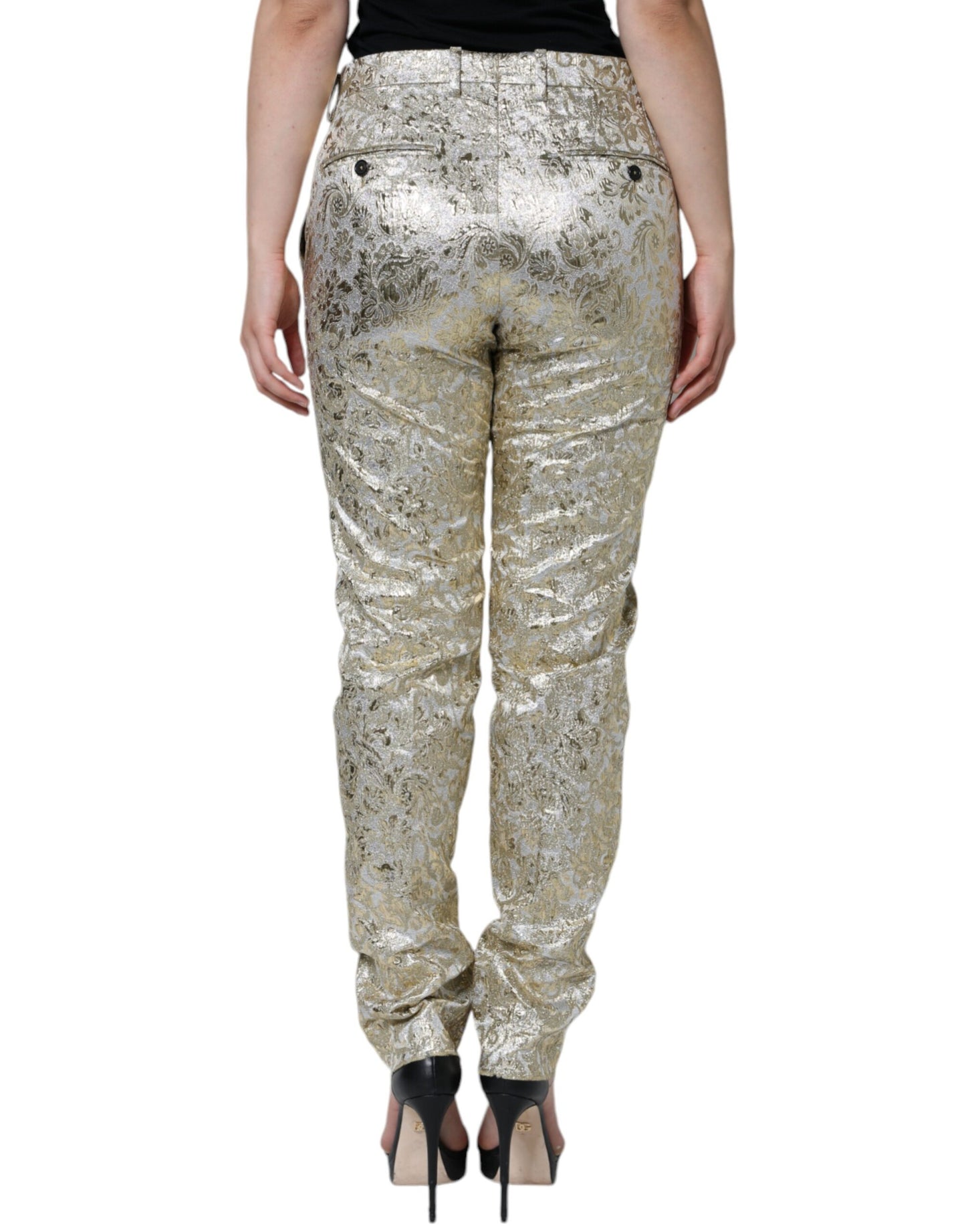 Dolce & Gabbana Gold Cotton Floral Jacquard Tapered Pants